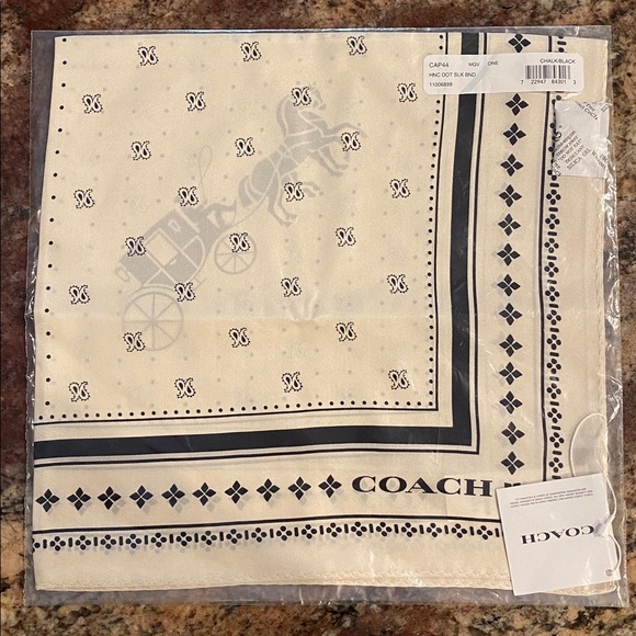 COACH Horse & Carriage Dot Print Silk Bandana in Chalk & Black #CAP44, 23" x 23" - Picture 2 of 5